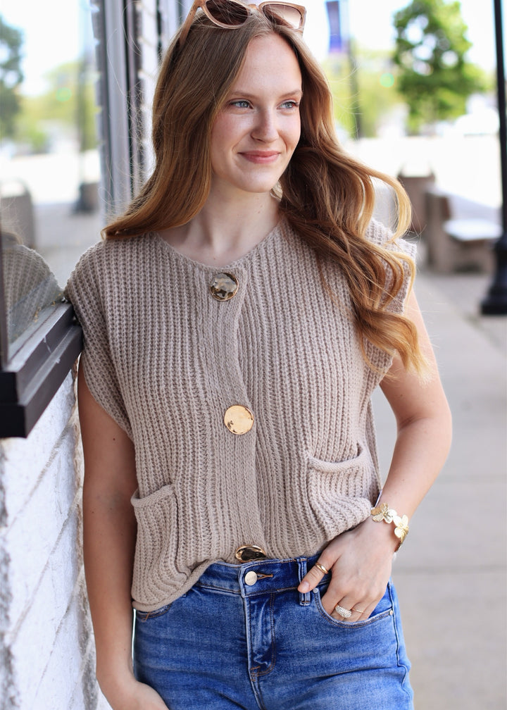 Stone Big Metal Button Front Sweat Vest