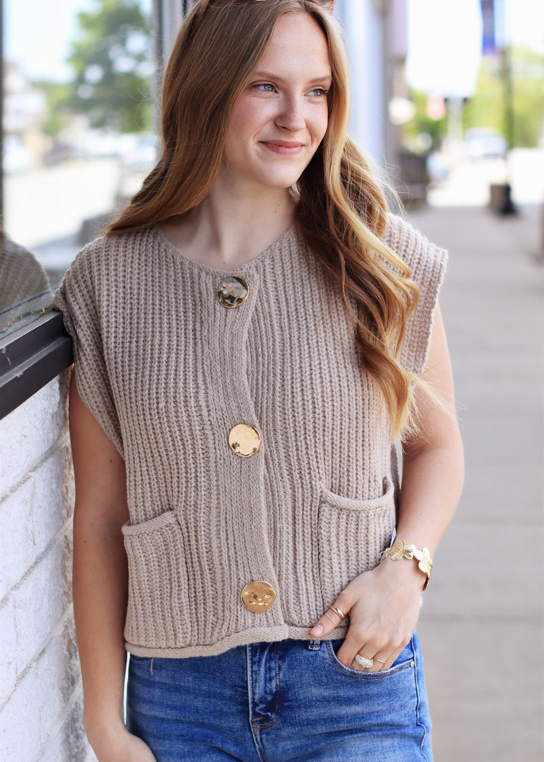 Stone Big Metal Button Front Sweat Vest