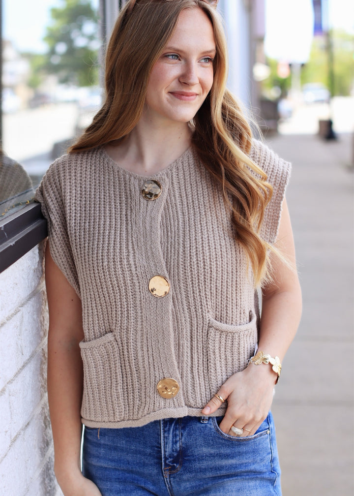 Stone Big Metal Button Front Sweat Vest