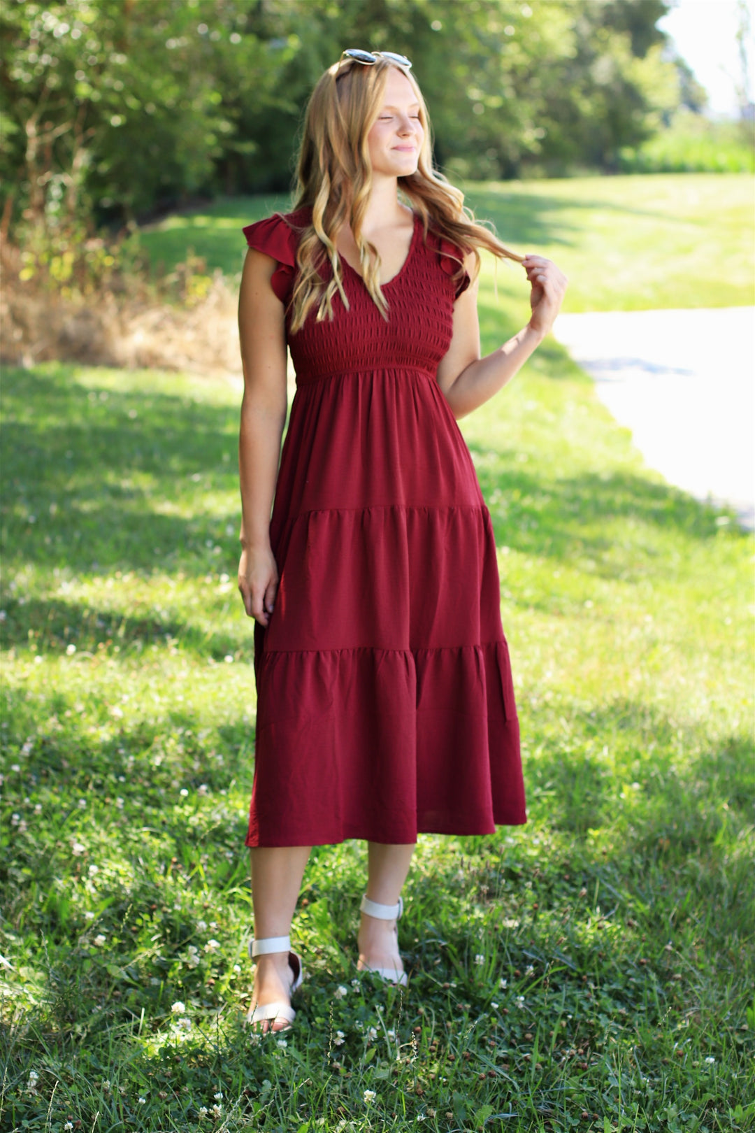 The Drift Dress Flutter Sleeve Maxi in Burgundy
