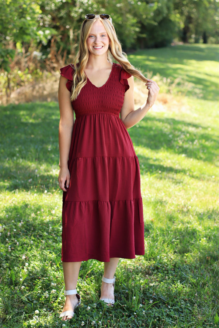 The Drift Dress Flutter Sleeve Maxi in Burgundy
