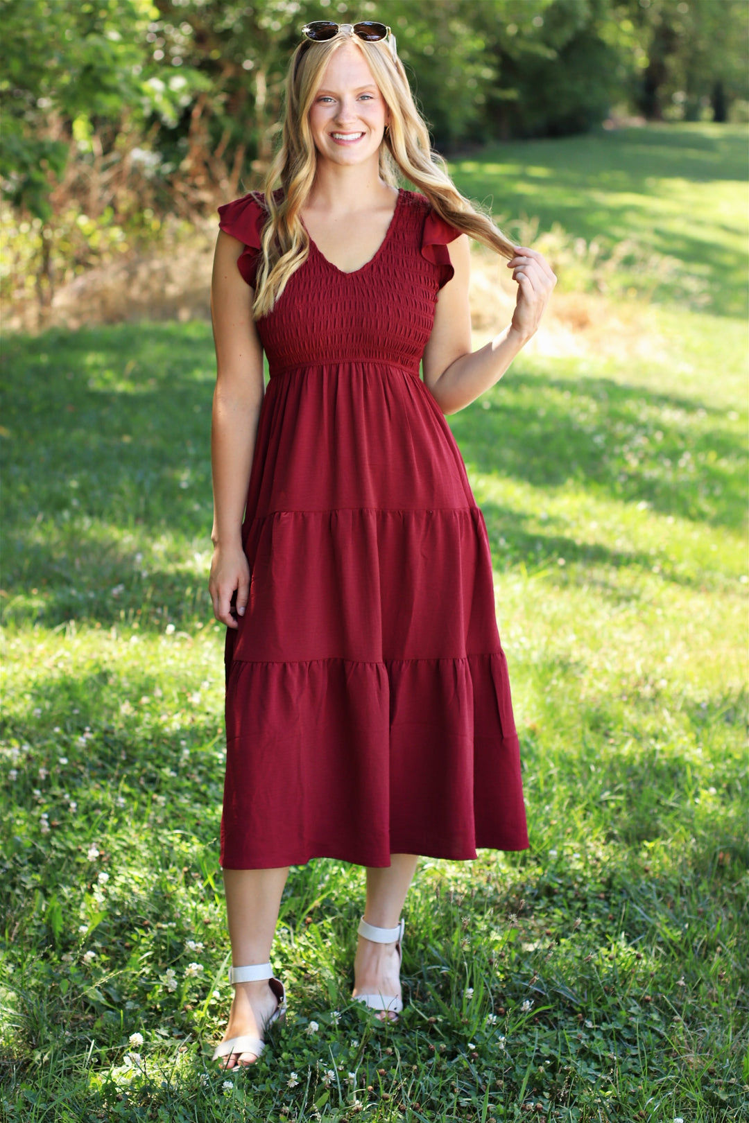 The Drift Dress Flutter Sleeve Maxi in Burgundy