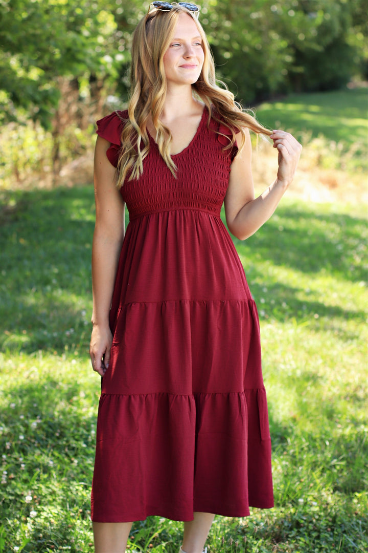 The Drift Dress Flutter Sleeve Maxi in Burgundy