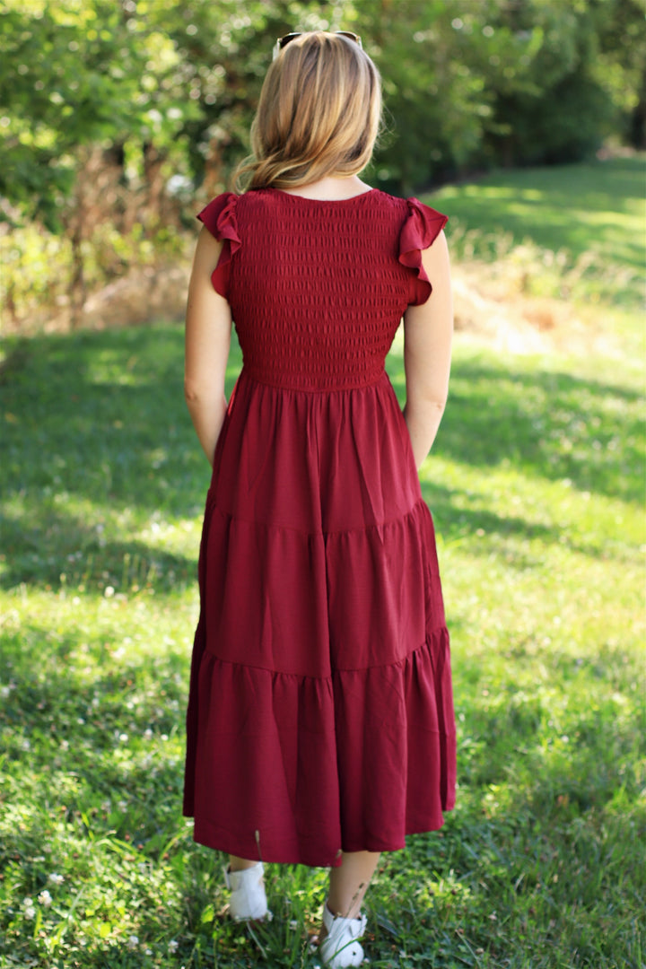 The Drift Dress Flutter Sleeve Maxi in Burgundy
