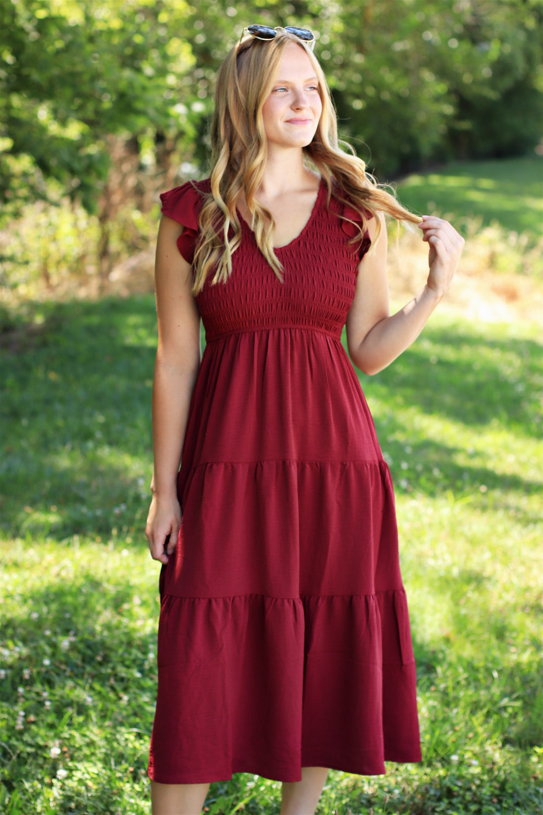 The Drift Dress Flutter Sleeve Maxi in Burgundy
