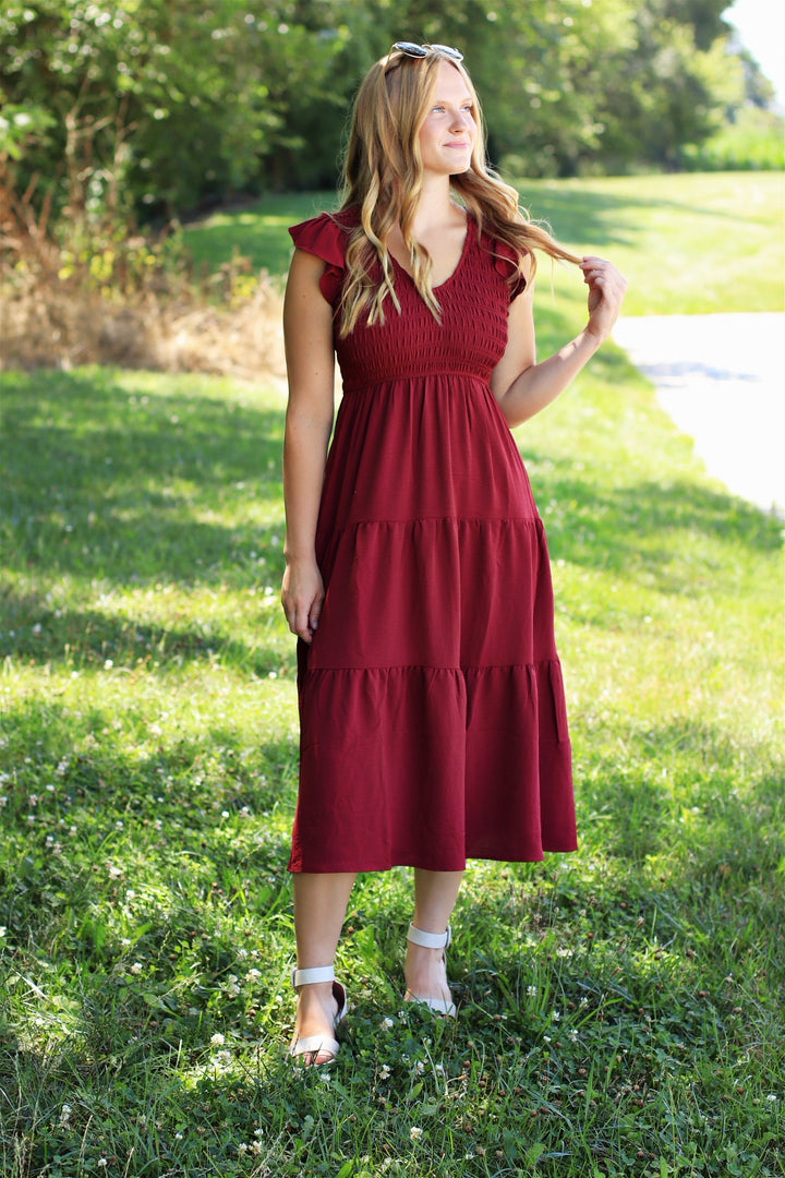 The Drift Dress Flutter Sleeve Maxi in Burgundy