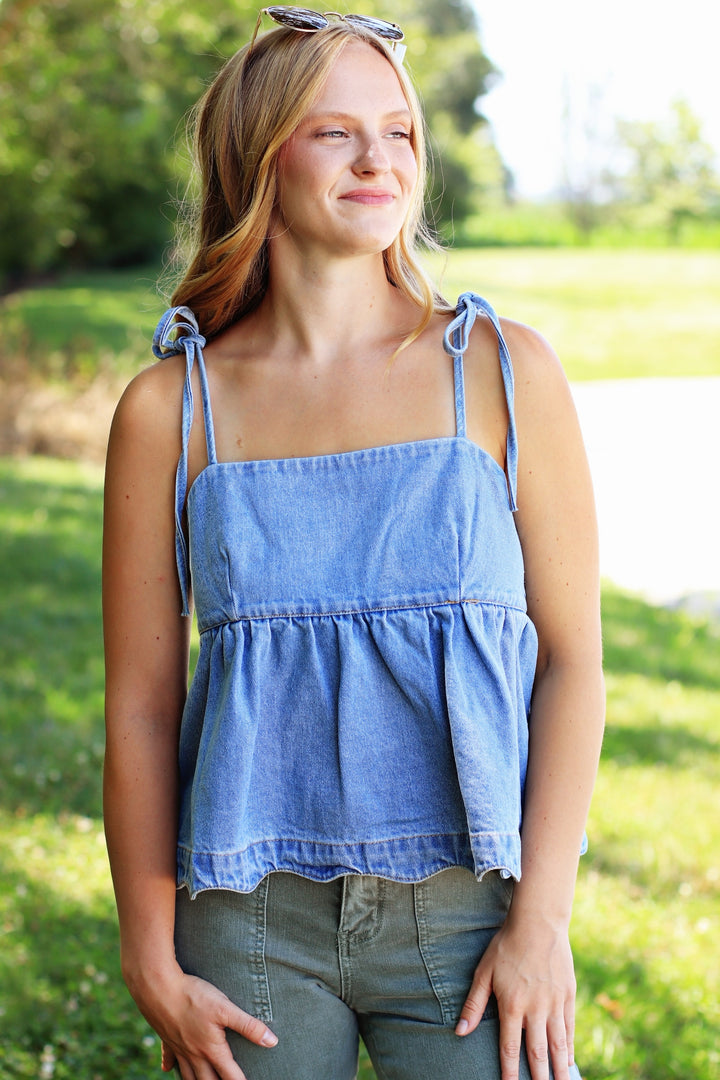 Denim Dream Tie-Strap Peplum Top