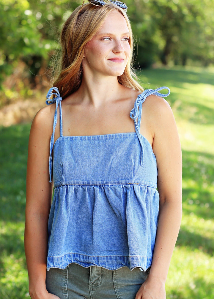 Denim Dream Tie-Strap Peplum Top