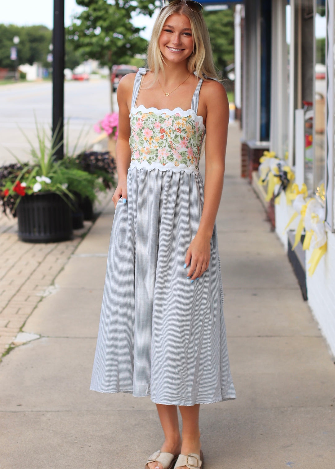 The Everly Midi Dress in Grey, Ivory & Sage