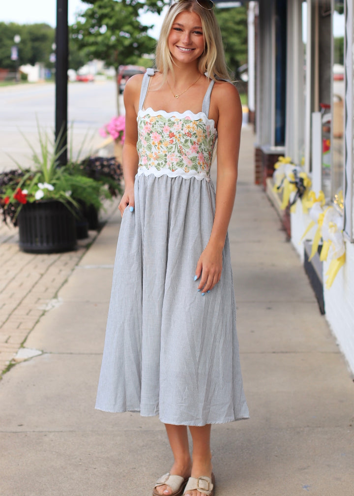 The Everly Midi Dress in Grey, Ivory & Sage