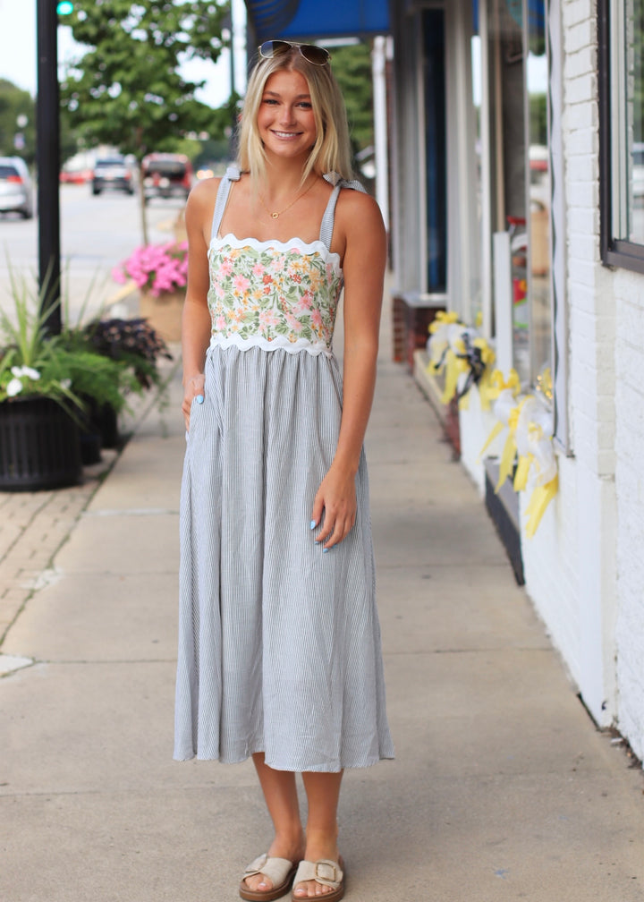 The Everly Midi Dress in Grey, Ivory & Sage