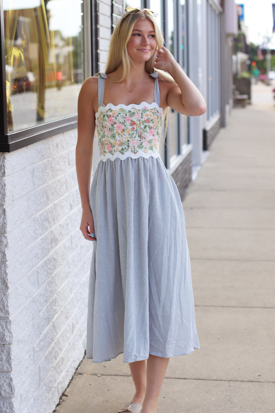 The Everly Midi Dress in Grey, Ivory & Sage