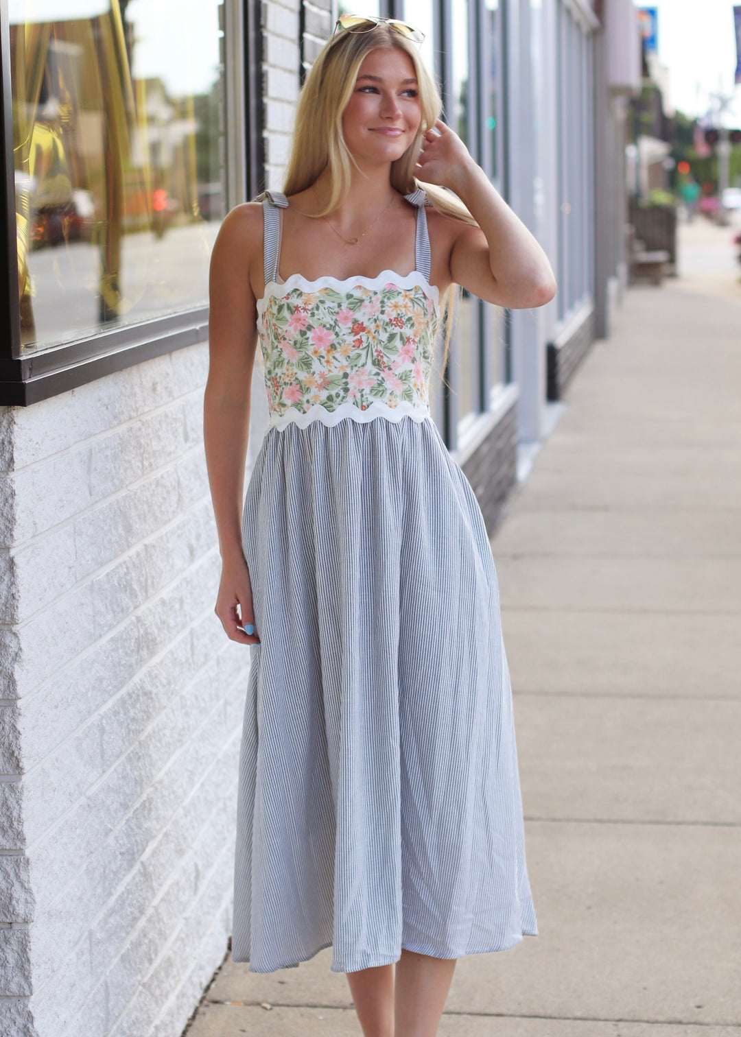 The Everly Midi Dress in Grey, Ivory & Sage