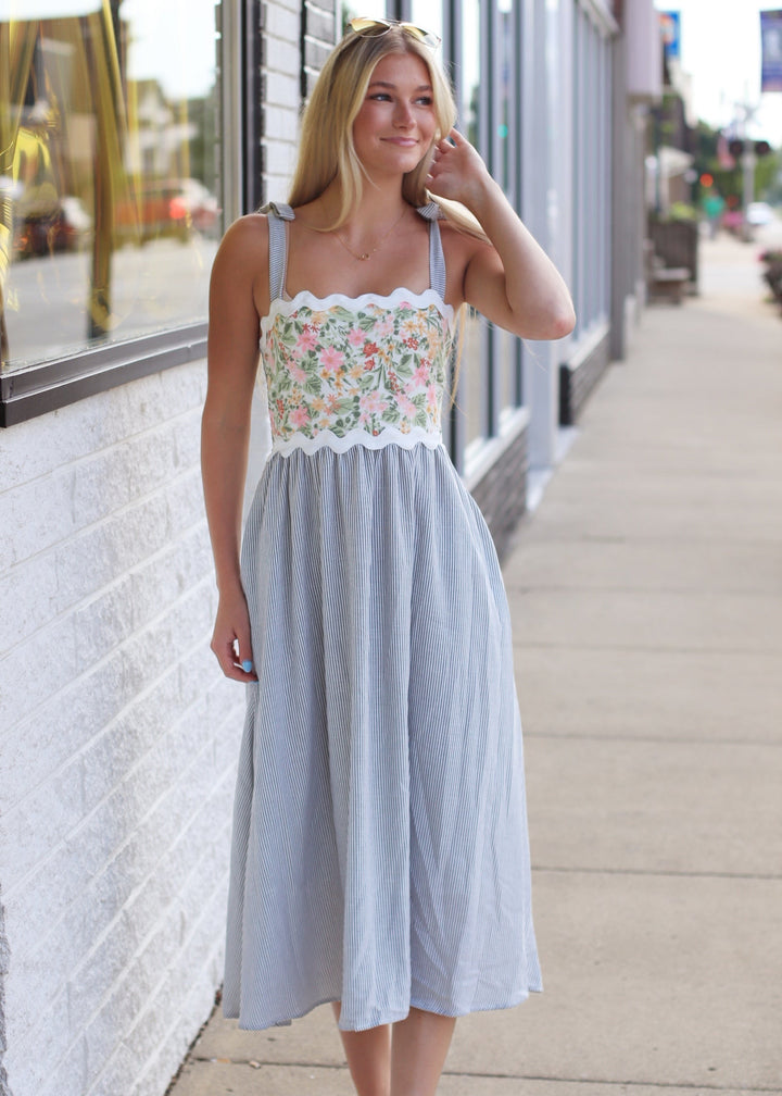 The Everly Midi Dress in Grey, Ivory & Sage