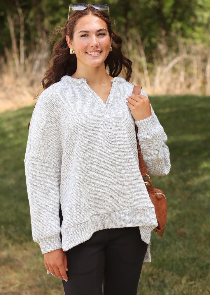 Marina Textured Cotton Blend Knit Henley Top