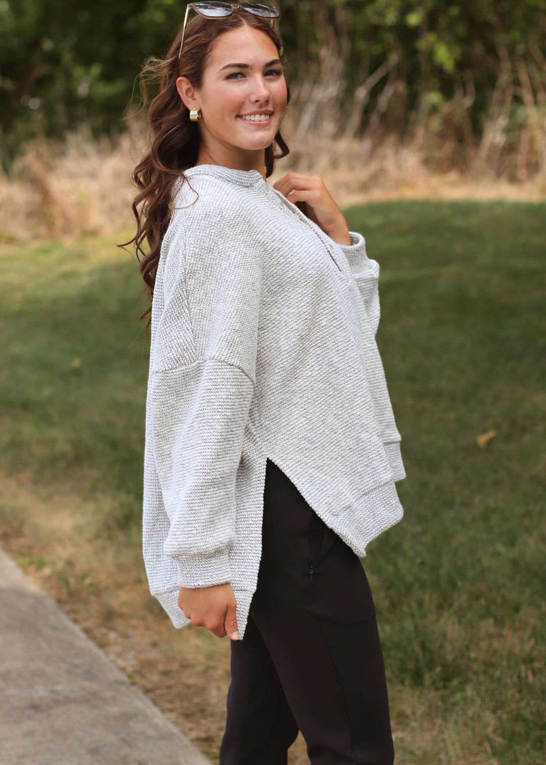 Marina Textured Cotton Blend Knit Henley Top