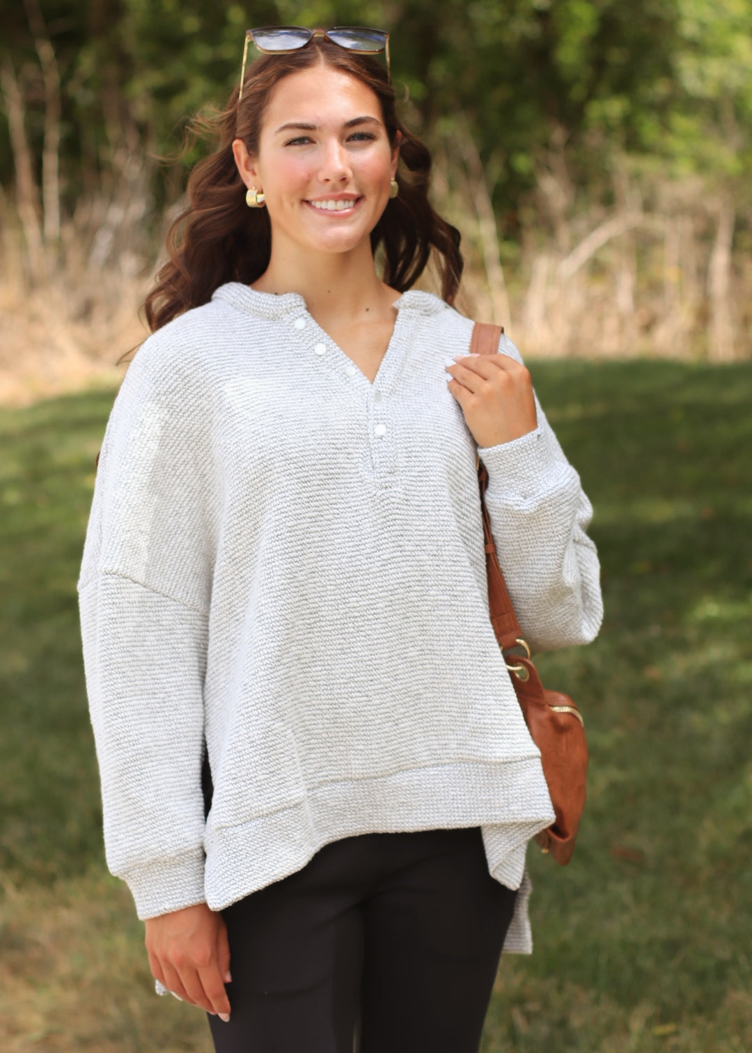 Marina Textured Cotton Blend Knit Henley Top