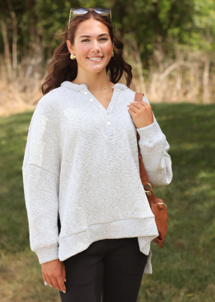 Marina Textured Cotton Blend Knit Henley Top