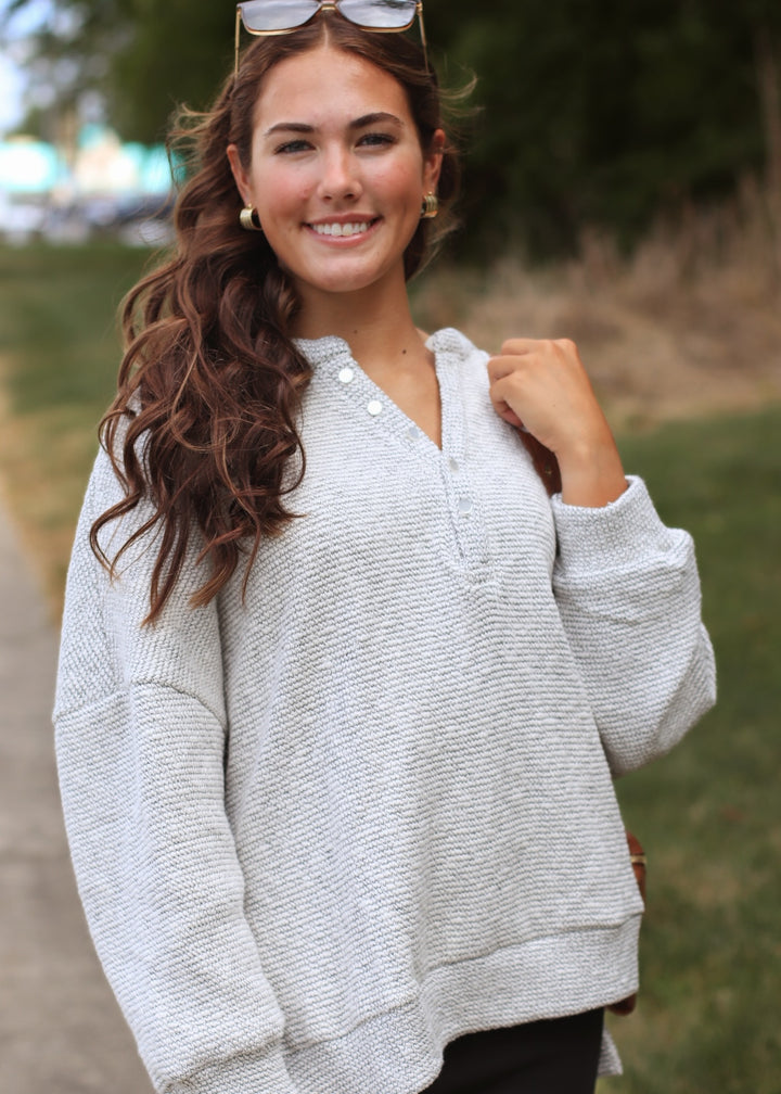 Marina Textured Cotton Blend Knit Henley Top
