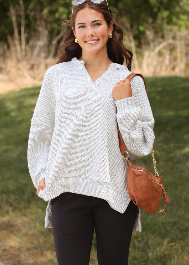 Marina Textured Cotton Blend Knit Henley Top