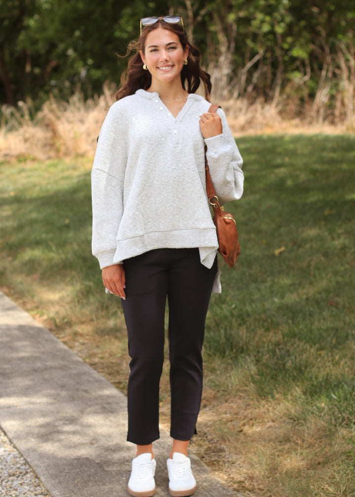 Marina Textured Cotton Blend Knit Henley Top