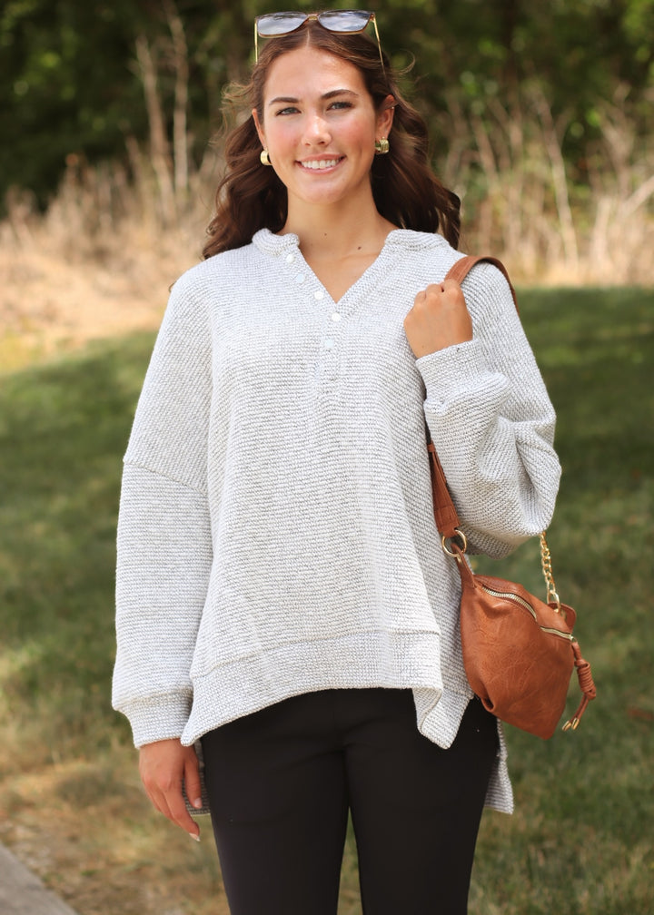 Marina Textured Cotton Blend Knit Henley Top
