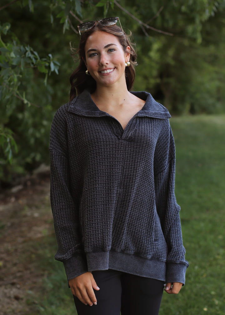 Chunky Waffle Mineral Wash Collared Sweater