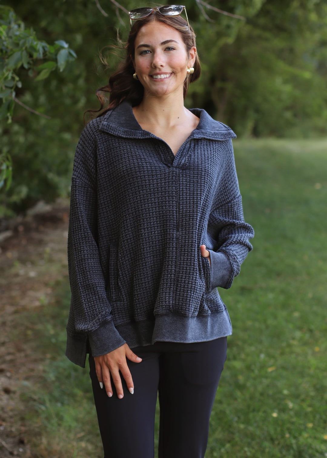 Chunky Waffle Mineral Wash Collared Sweater