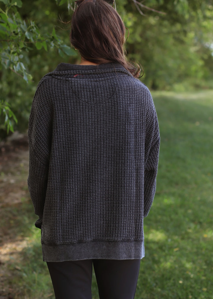 Chunky Waffle Mineral Wash Collared Sweater