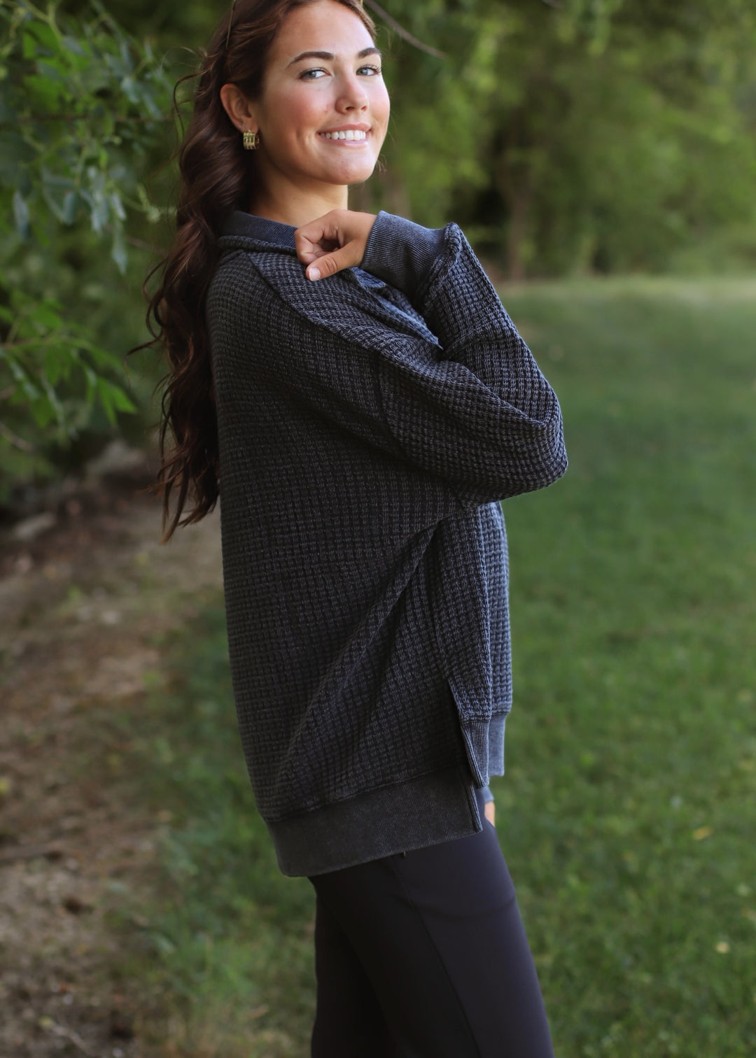 Chunky Waffle Mineral Wash Collared Sweater