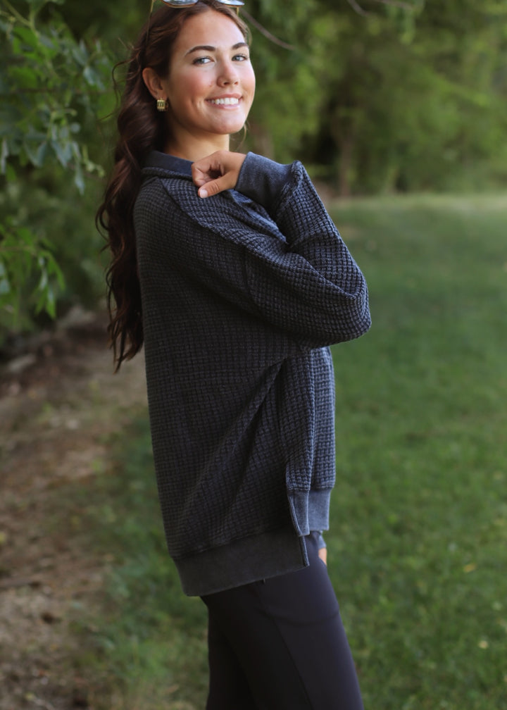 Chunky Waffle Mineral Wash Collared Sweater