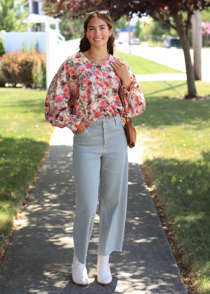 Sage Cotton Twill Wide Leg Ankle Pant
