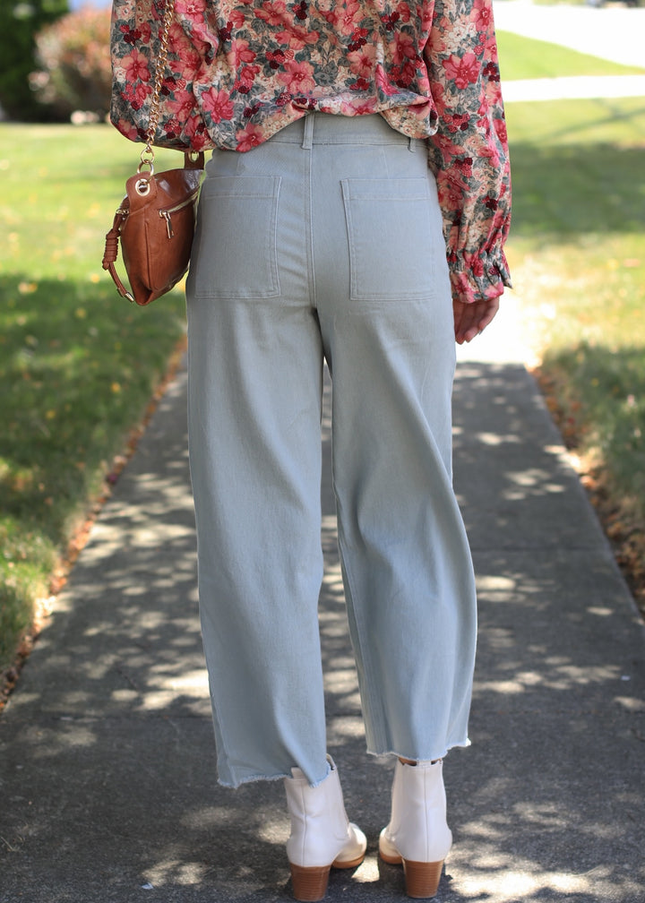 Sage Cotton Twill Wide Leg Ankle Pant