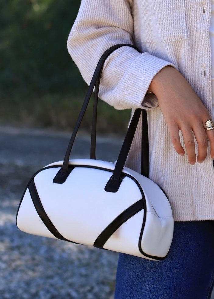 Stripe Accent Faux Leather Hand Bag
