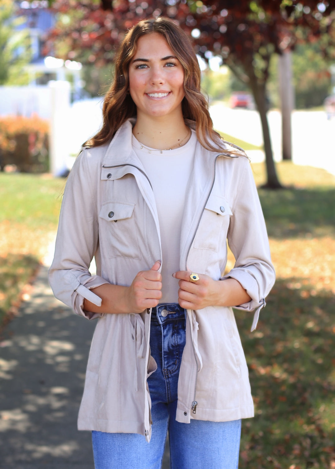Beige Cinched Safari Utility Jacket