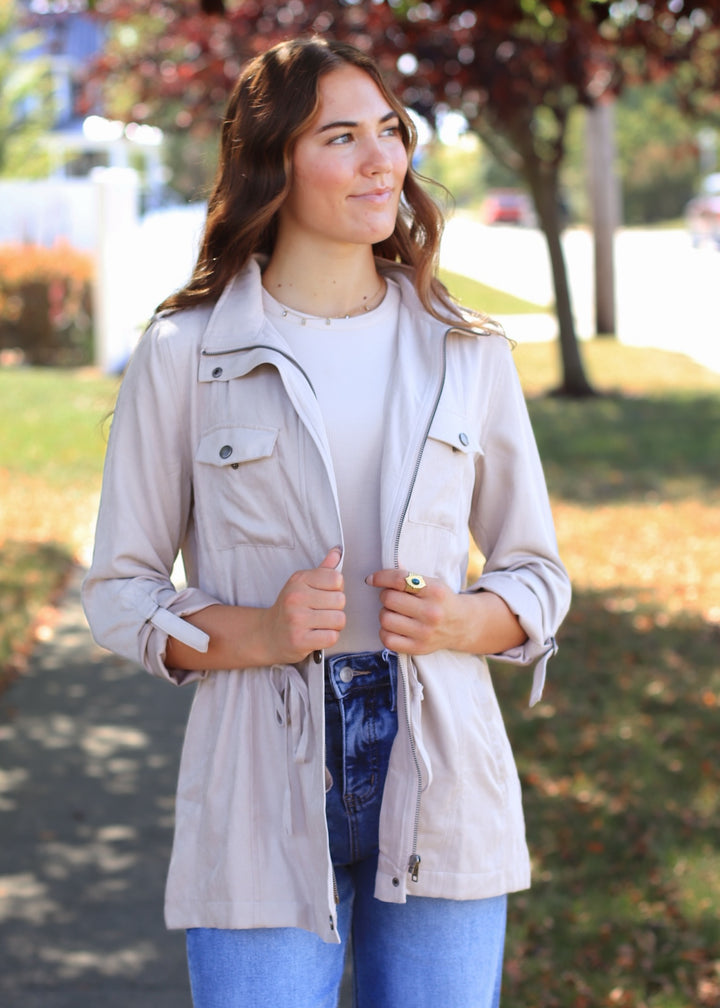 Beige Cinched Safari Utility Jacket