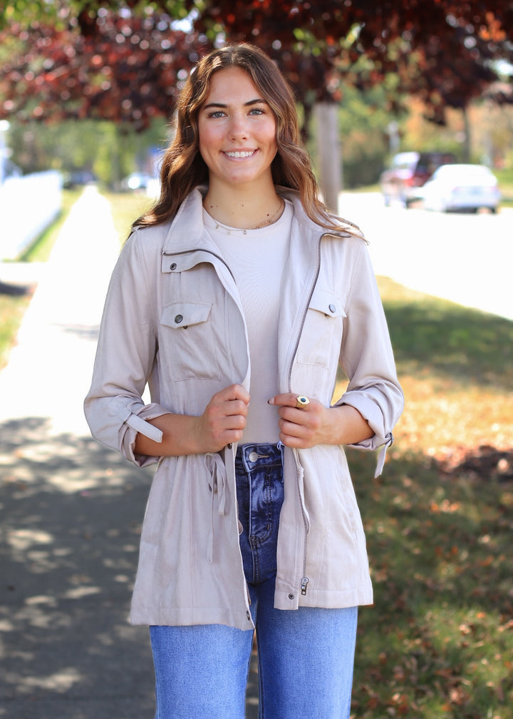 Beige Cinched Safari Utility Jacket