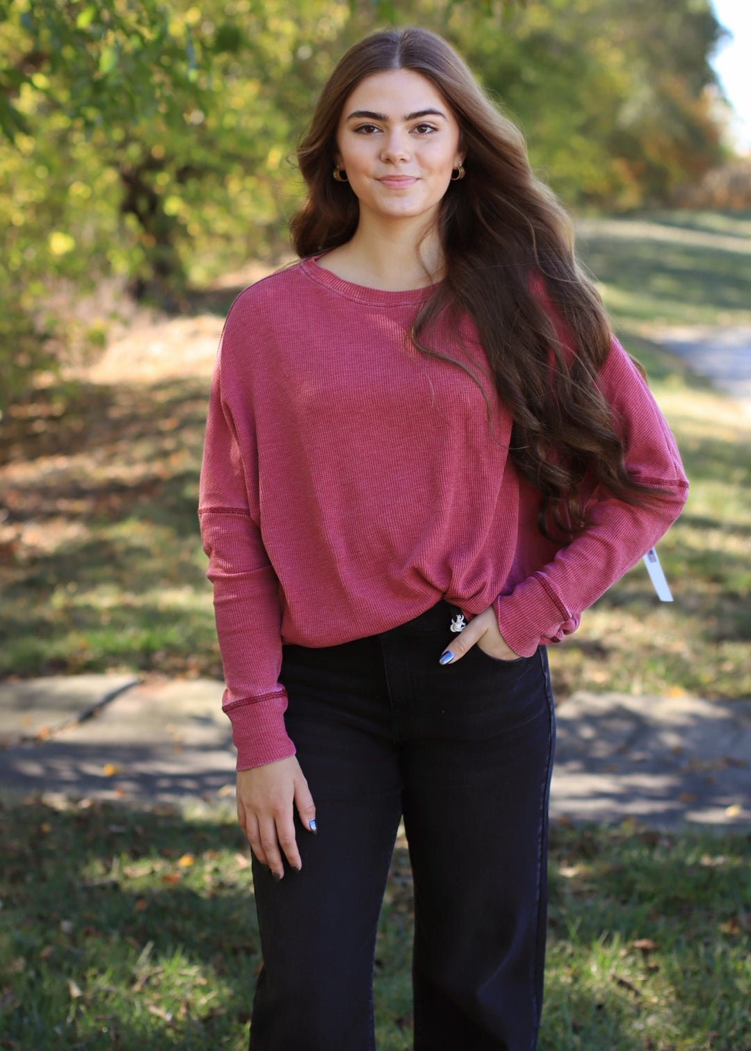 Garnet Red Waffle Ribbed Roundneck Pullover