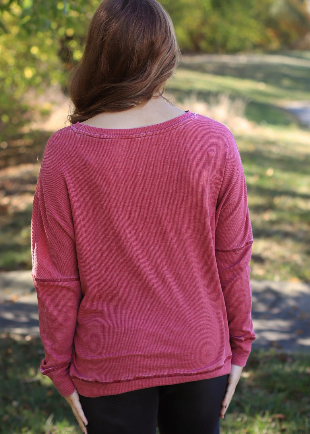 Garnet Red Waffle Ribbed Roundneck Pullover