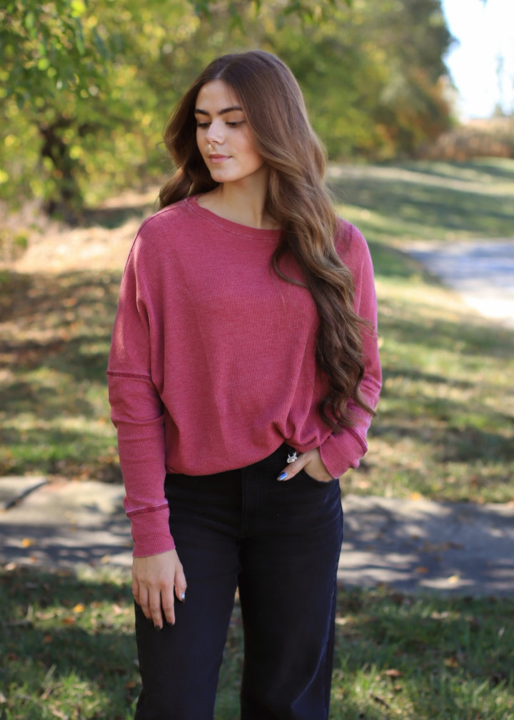 Garnet Red Waffle Ribbed Roundneck Pullover