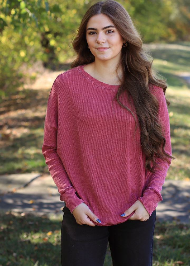 Garnet Red Waffle Ribbed Roundneck Pullover