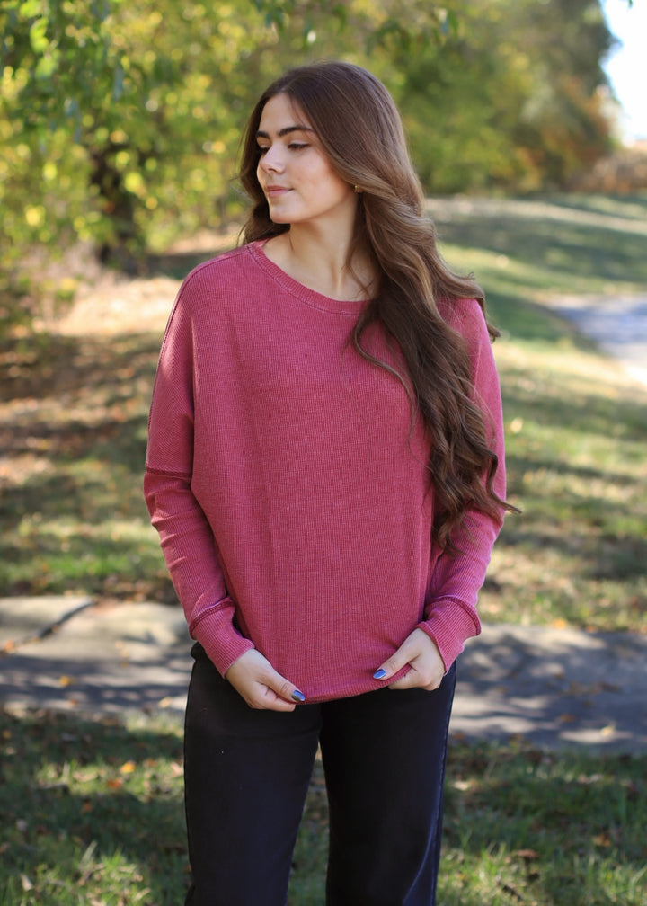 Garnet Red Waffle Ribbed Roundneck Pullover