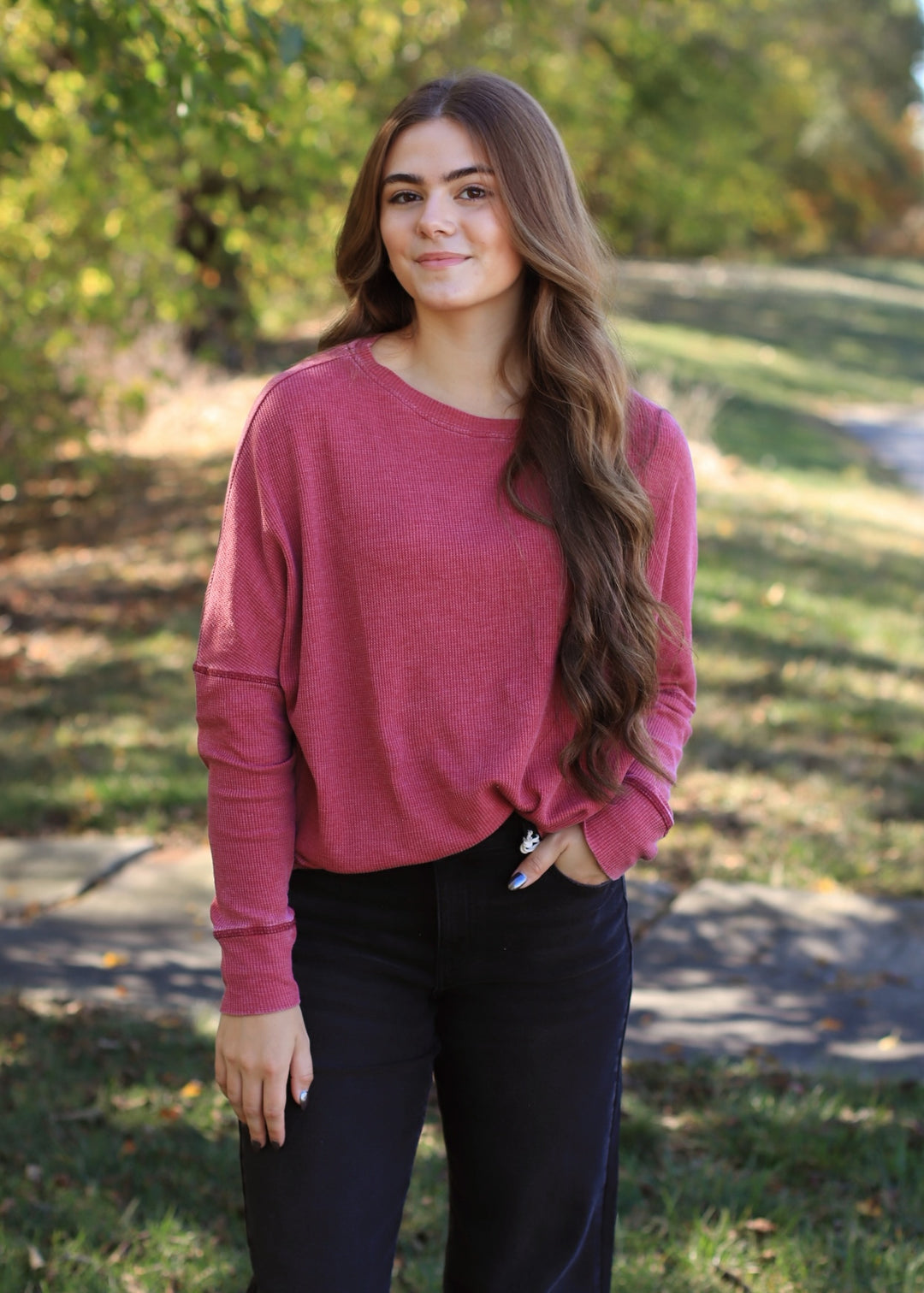 Garnet Red Waffle Ribbed Roundneck Pullover