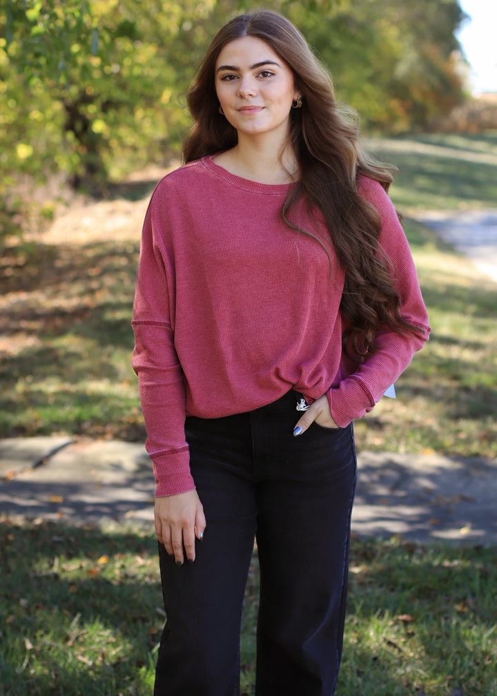 Garnet Red Waffle Ribbed Roundneck Pullover