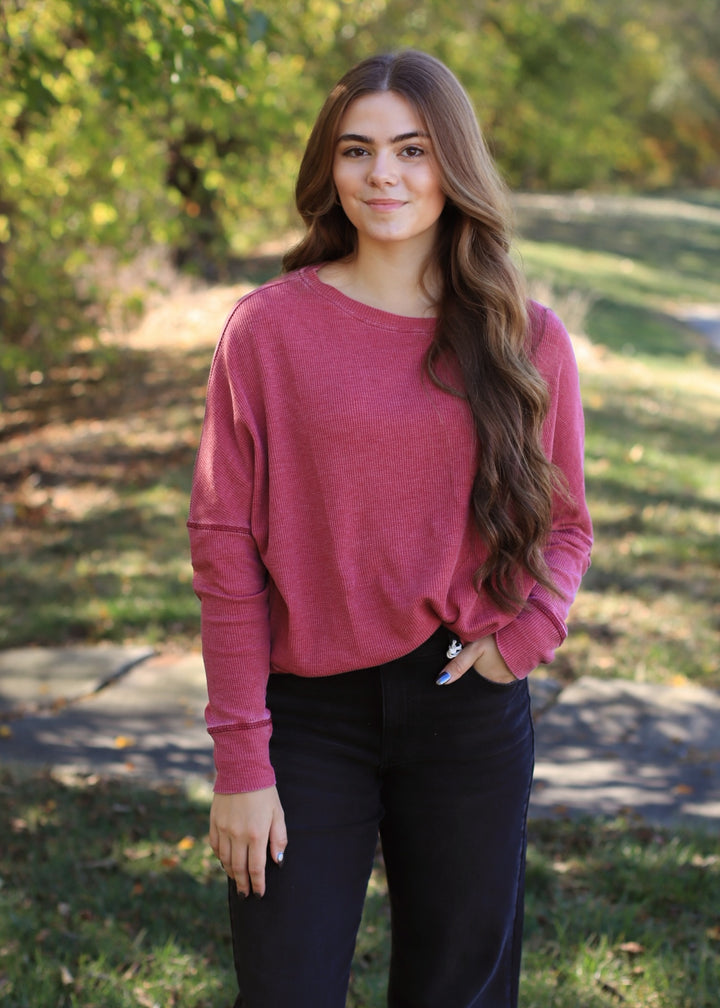 Garnet Red Waffle Ribbed Roundneck Pullover