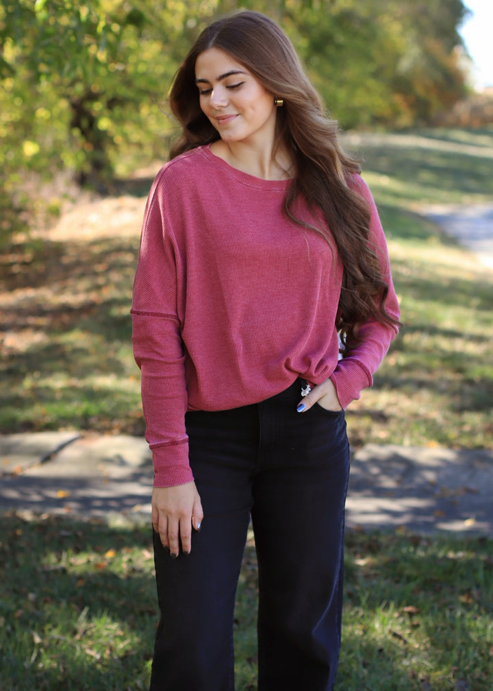 Garnet Red Waffle Ribbed Roundneck Pullover