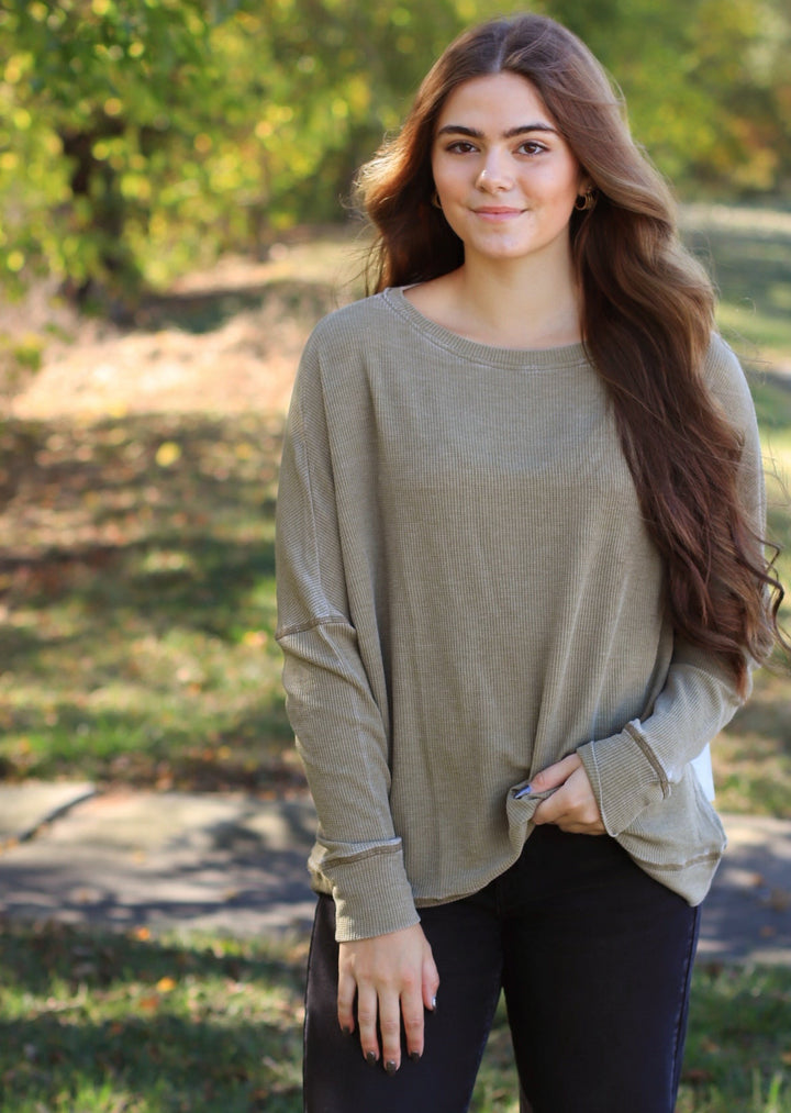 Camo Green Waffle Ribbed Roundneck Pullover