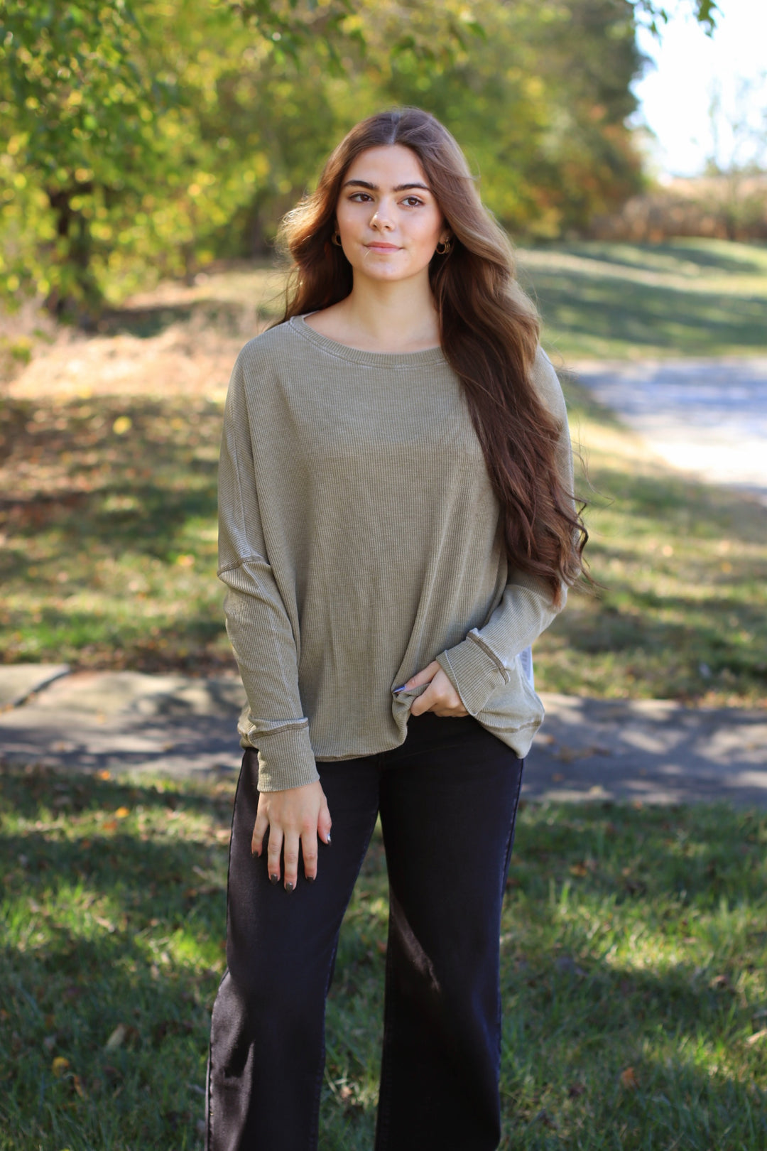 Camo Green Waffle Ribbed Roundneck Pullover