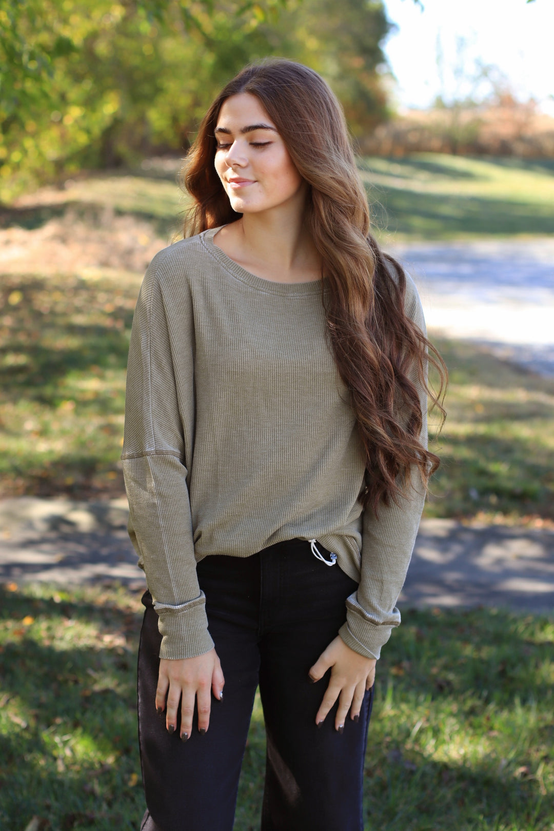 Camo Green Waffle Ribbed Roundneck Pullover