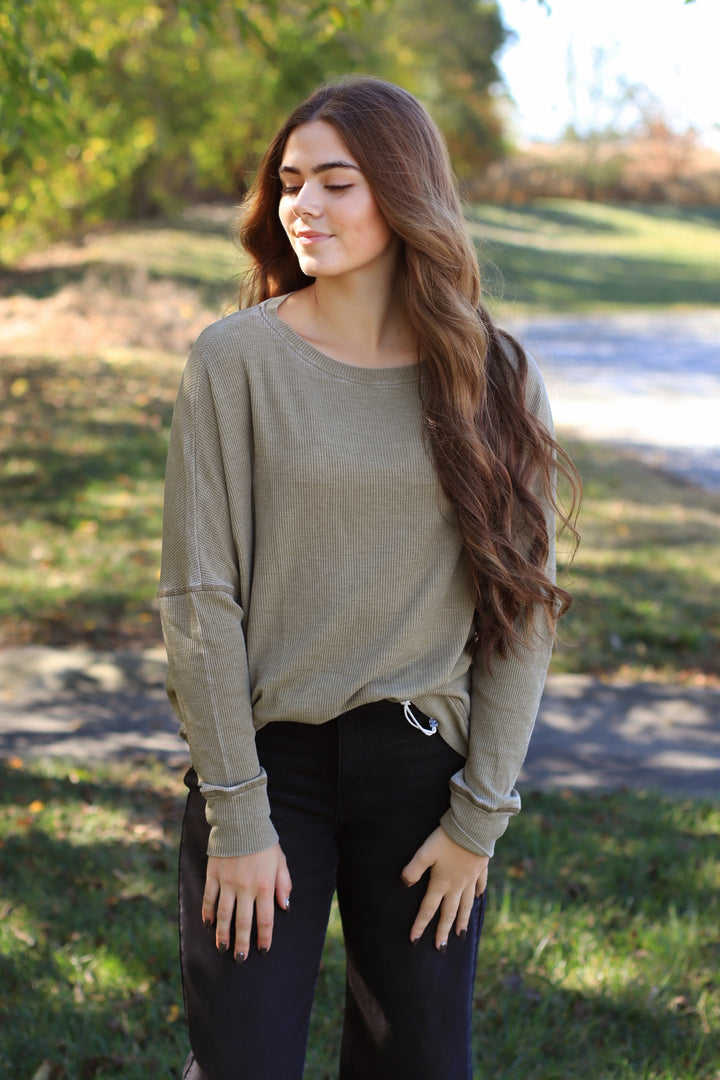 Camo Green Waffle Ribbed Roundneck Pullover